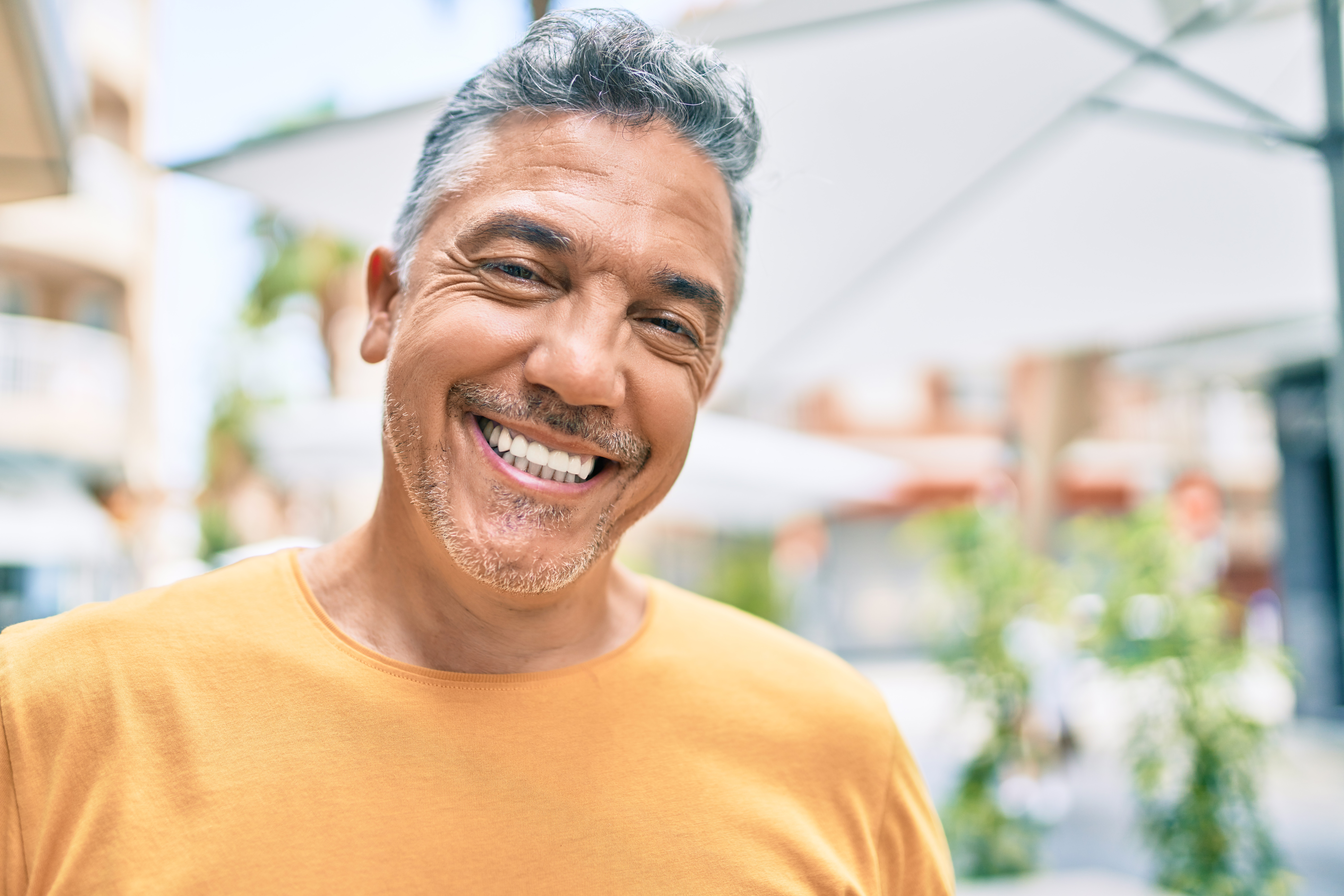 Middle,Age,Grey-haired,Man,Smiling,Happy,Walking,At,Street,Of