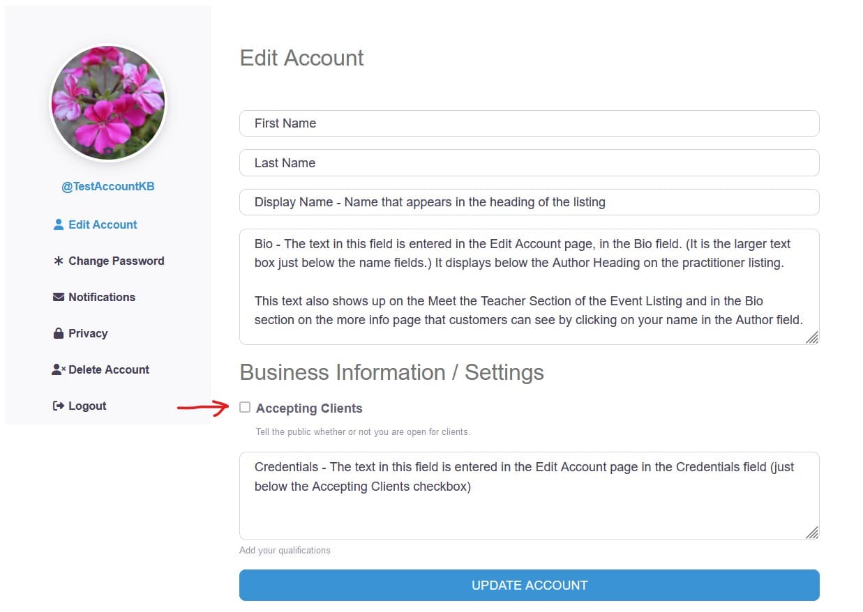 Directory Account Page Accepting Clients Field v1