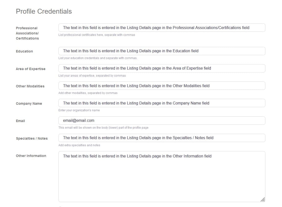 Practitioner Listing Form p10 profile credentials